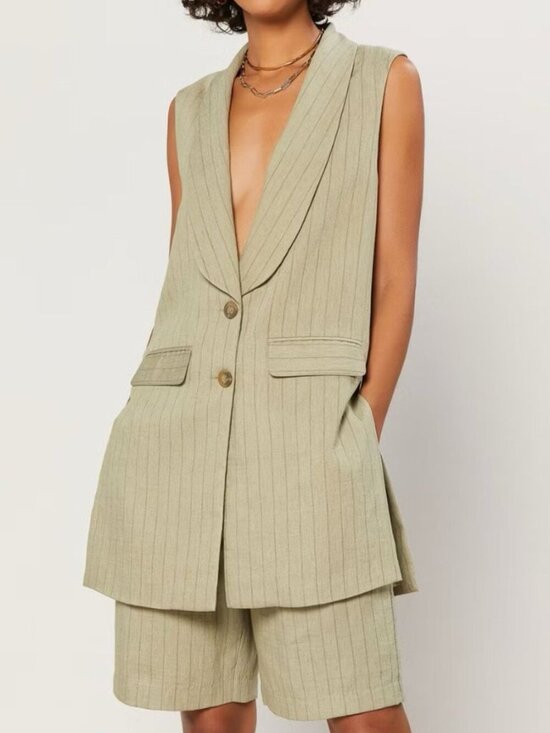 Current Air Jackets & Blazers - Current Air Sz S Khaki Linen Blend Pinstripe Long Womens Preppy Blazer Vest